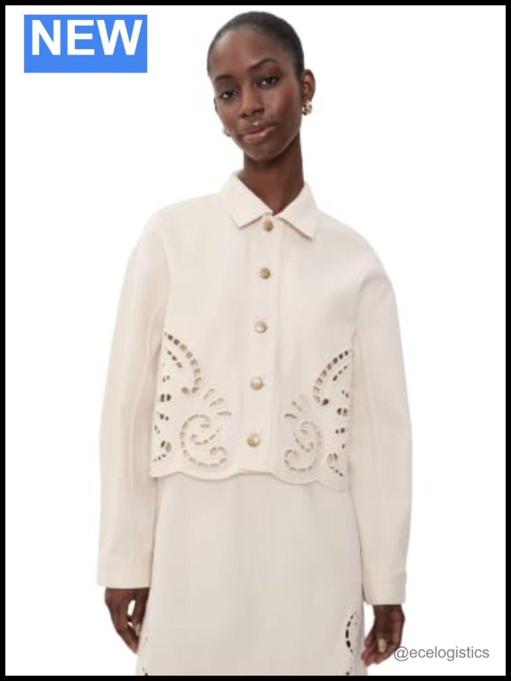Women's Denim Jacket Cutout Eyelet Details Long Sleeve Cotton
